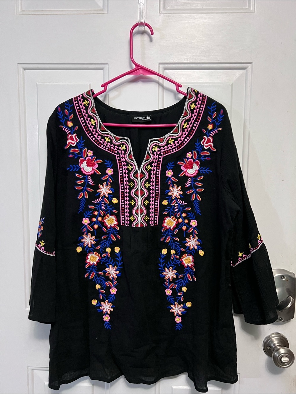 Anthony Original XL Black Embroidered Floral Tunic 100% Cotton Boho India
